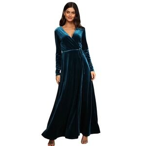 Lulus Jacinda Teal‎ Blue Velvet Wrap Maxi Dress NWT Size Small